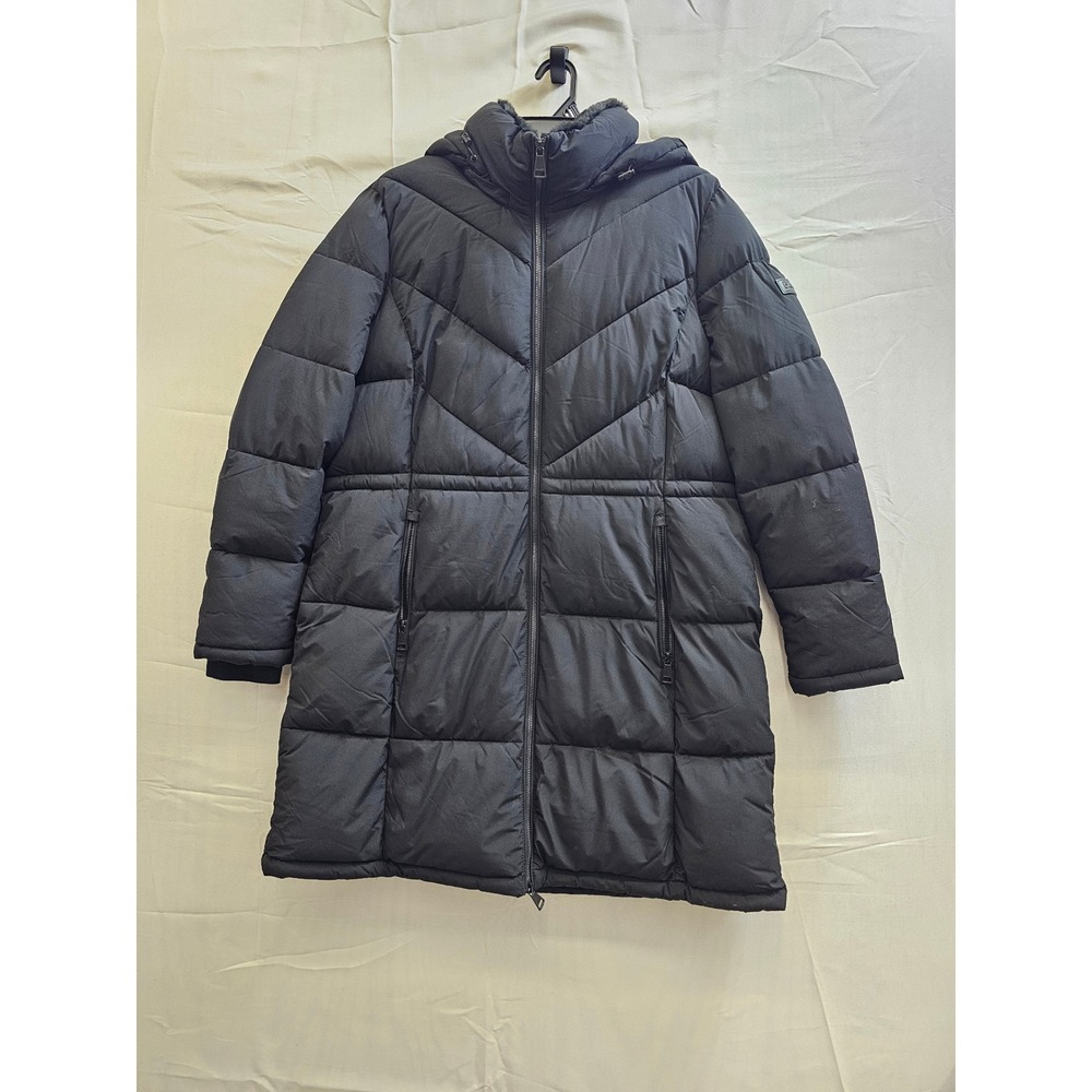 DKNY Women Black Quilted Puffer Coat Hooded Chevron Mid-Length Jacket XL RN54163